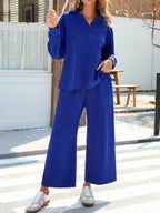 Johnny Collar Long Sleeve Top and Wide Leg Pants Set - Delanoir