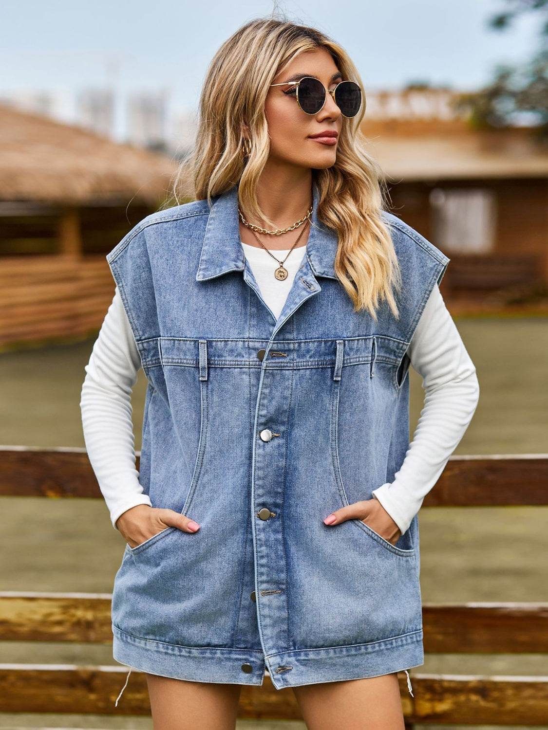 Button Up Collared Neck Sleeveless Denim Jacket - Delanoir