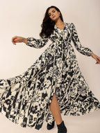 Tied Printed V-Neck Long Sleeve Midi Dress - Delanoir