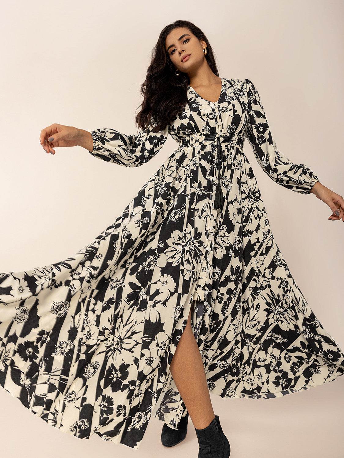 Tied Printed V-Neck Long Sleeve Midi Dress - Delanoir