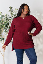 Basic Bae Full Size Ribbed Round Neck Long Sleeve Slit Top - Delanoir