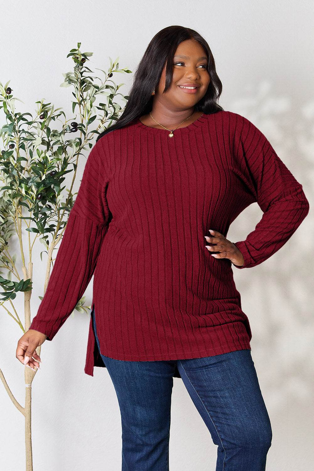 Basic Bae Full Size Ribbed Round Neck Long Sleeve Slit Top - Delanoir