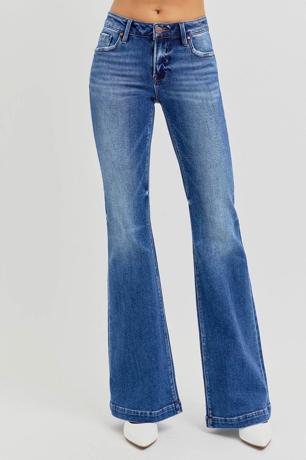 RISEN Full Size Low Rise Flare Jeans with Pockets - Delanoir