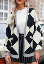 Color Block Button Down Long Sleeve Cardigan - Delanoir