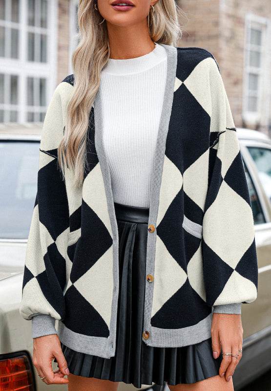 Color Block Button Down Long Sleeve Cardigan - Delanoir