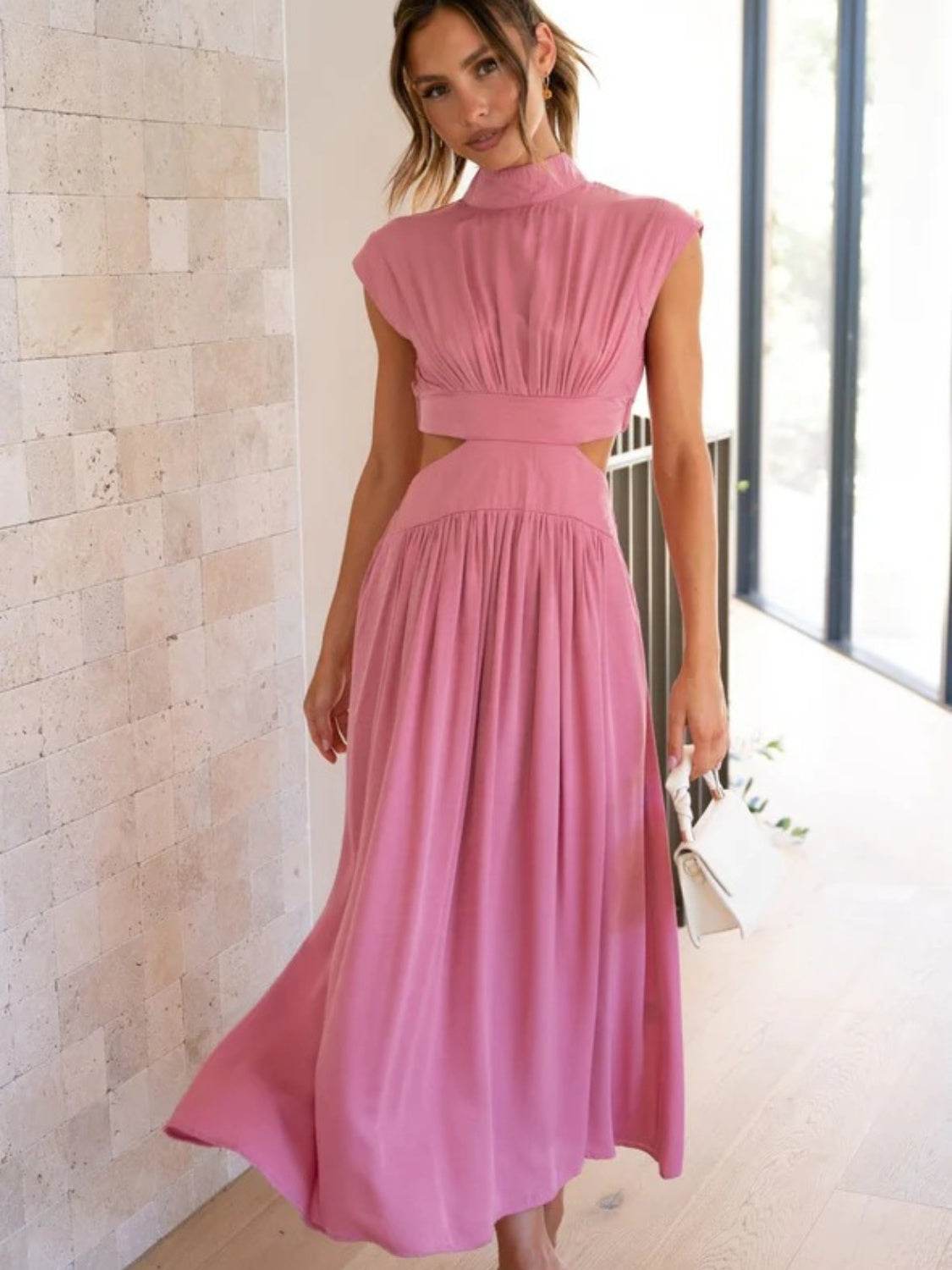 Cutout Mock Neck Sleeveless Ruched Dress - Delanoir