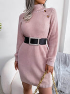 Decorative Button Turtleneck Sweater Dress - Delanoir
