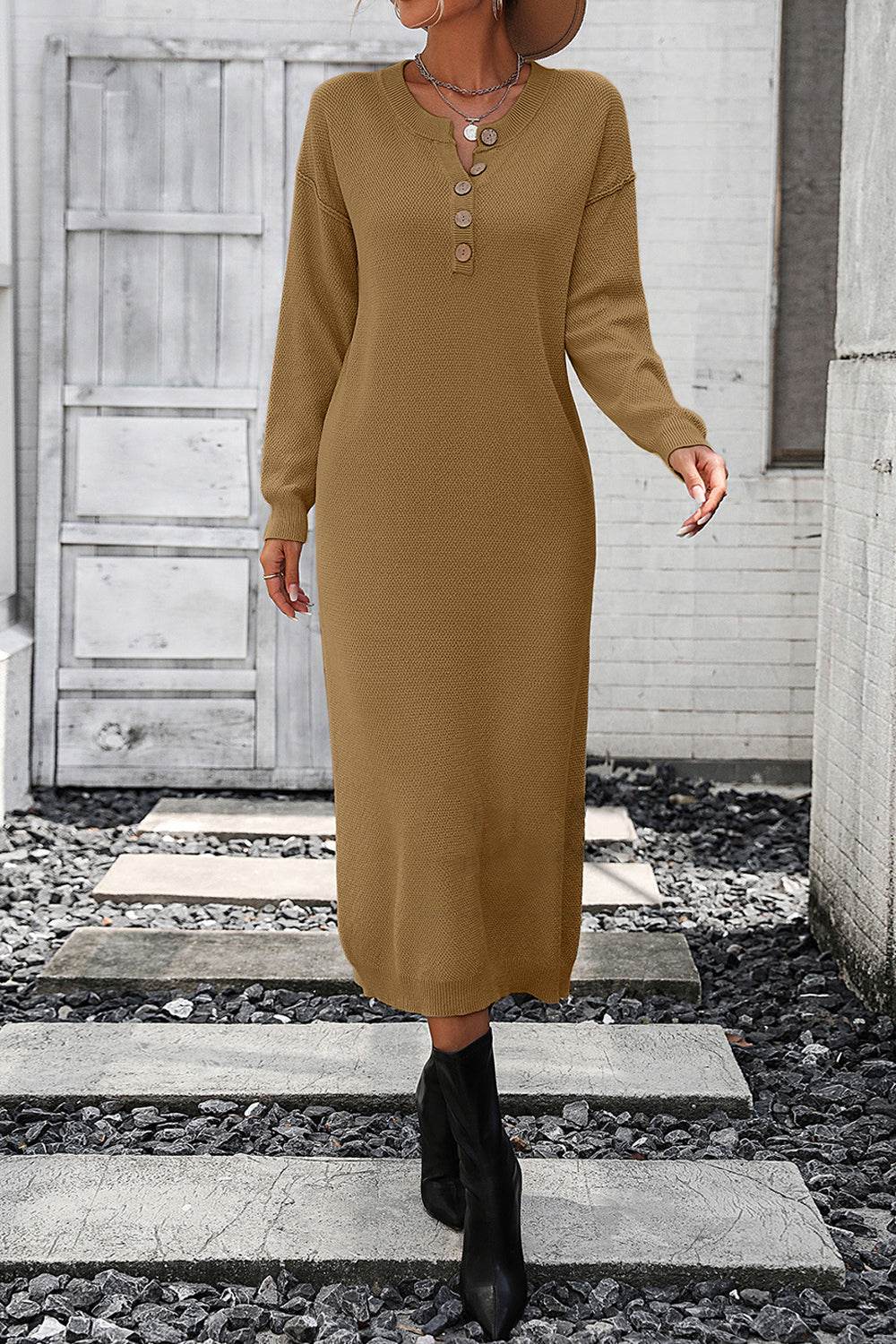 Decorative Button Notched Dropped Shoulder Sweater Dress - Delanoir