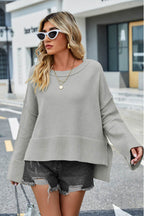 High-Low Slit Round Neck Long Sleeve Sweater - Delanoir