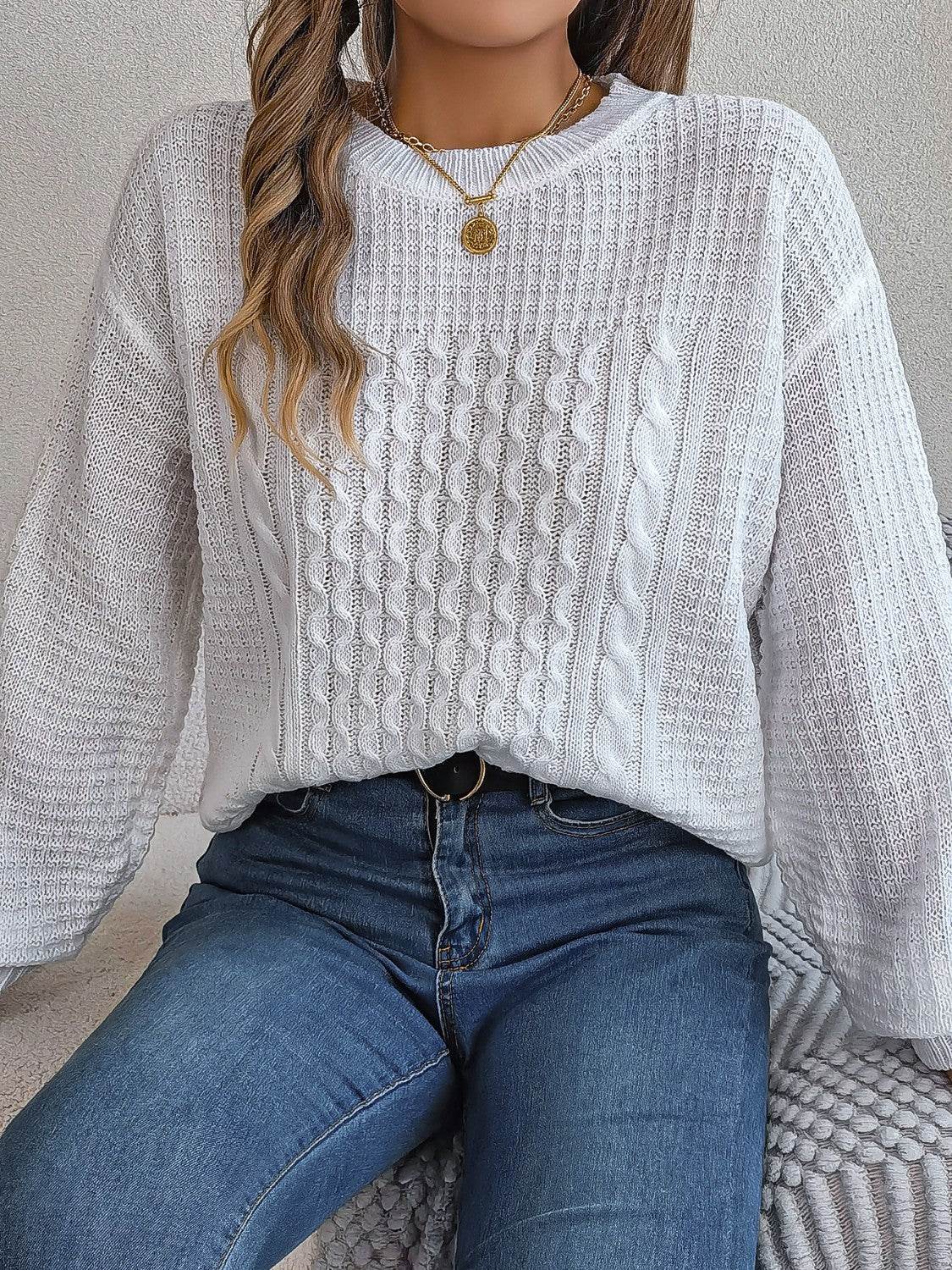 Cable-Knit Round Neck Long Sleeve Sweater - Delanoir