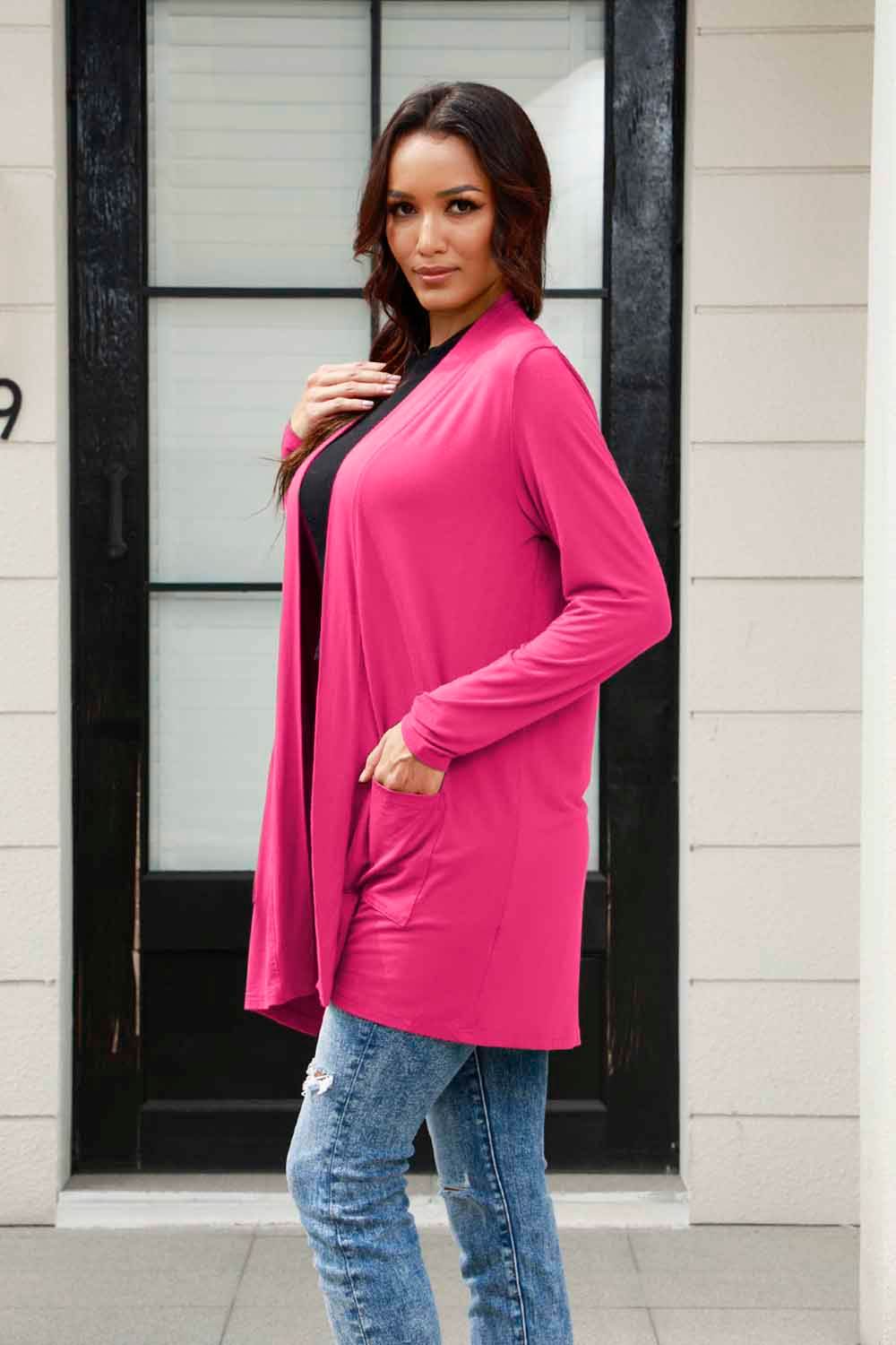 Basic Bae Full Size Open Front Long Sleeve Cardigan with Pockets - Delanoir