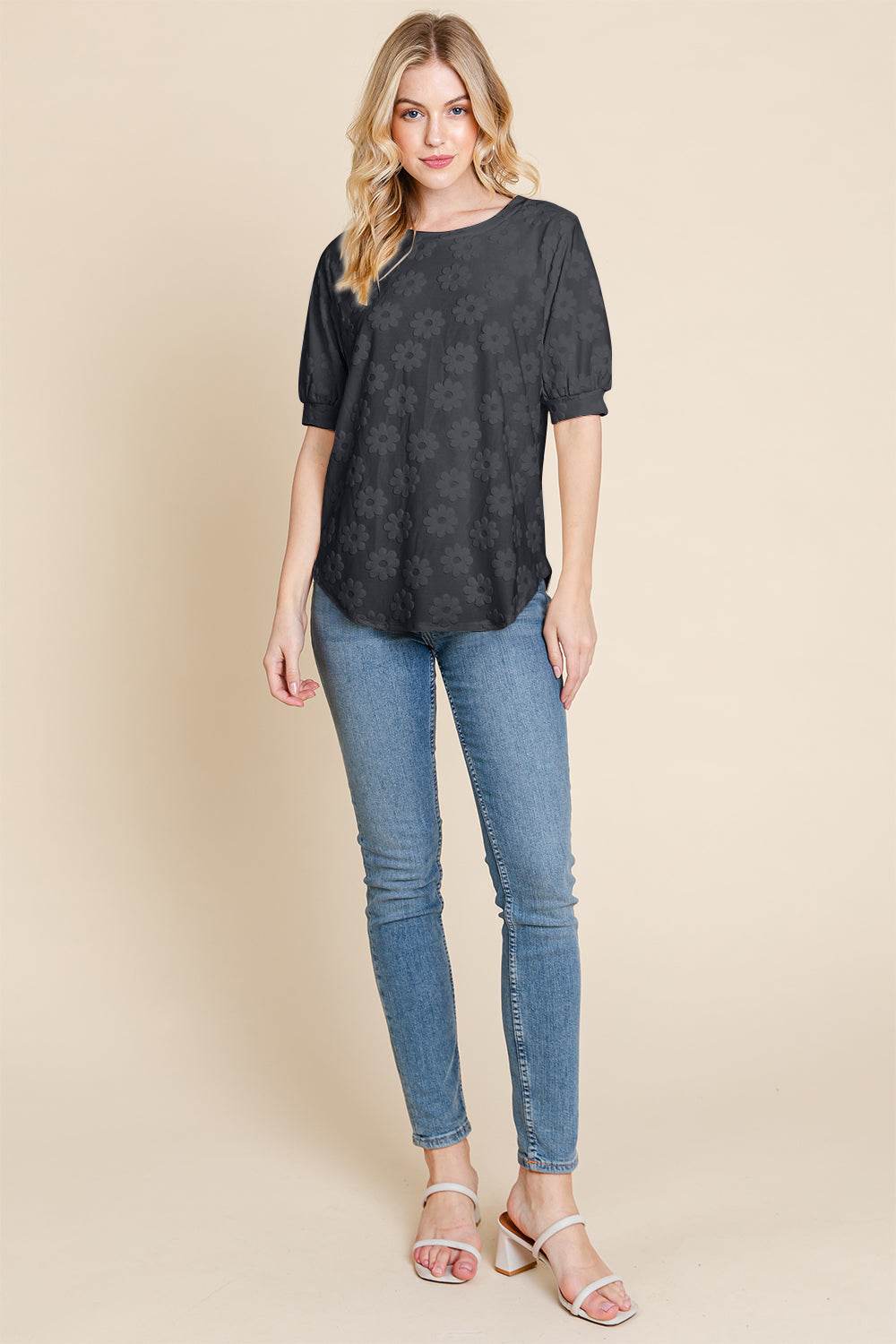 BOMBOM Textured Floral Pattern Top - Delanoir