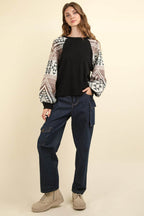 VERY J Printed Long Sleeve Round Neck Knit Top - Delanoir