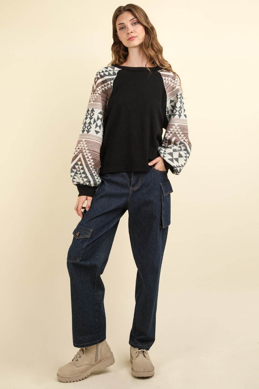 VERY J Printed Long Sleeve Round Neck Knit Top - Delanoir