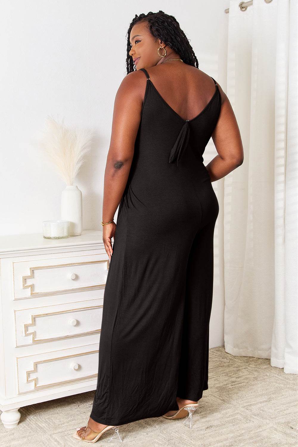 Double Take Full Size Soft Rayon Spaghetti Strap Tied Wide Leg Jumpsuit - Delanoir