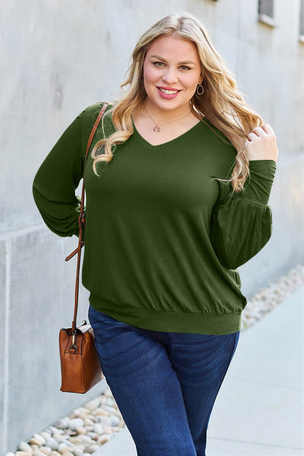 Basic Bae Full Size V-Neck Lantern Sleeve Top - Delanoir