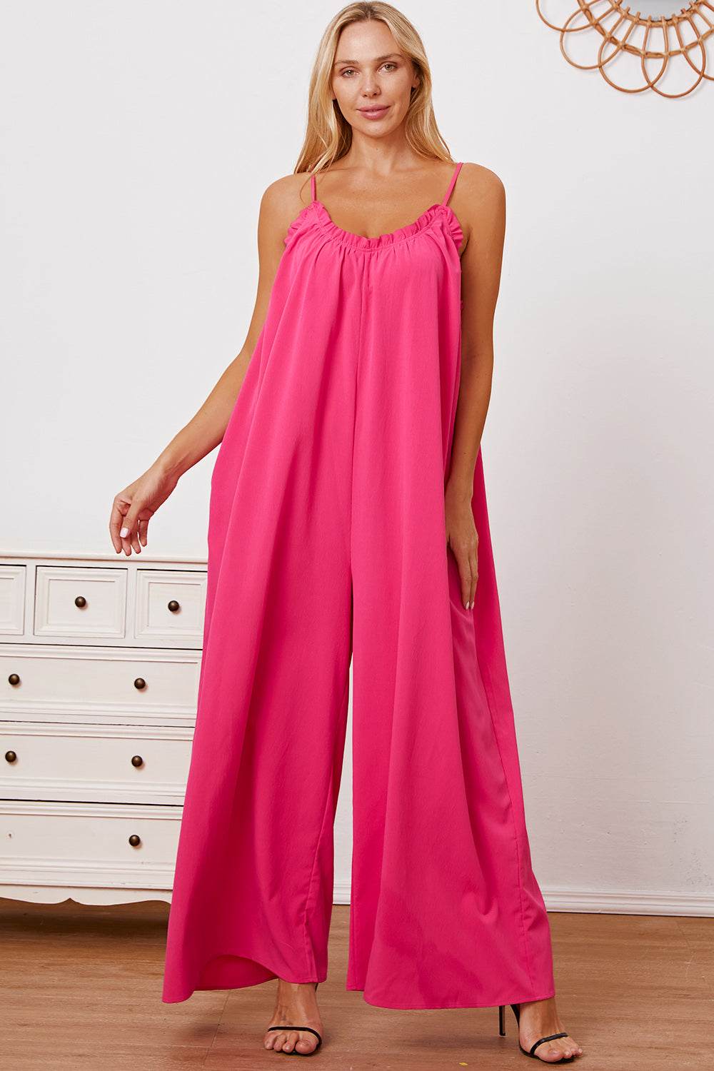 Double Take Full Size Ruffle Trim Tie Back Cami Jumpsuit with Pockets - Delanoir