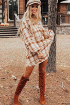 Plaid Collared Neck Long Sleeve Mini Shirt Dress - Delanoir