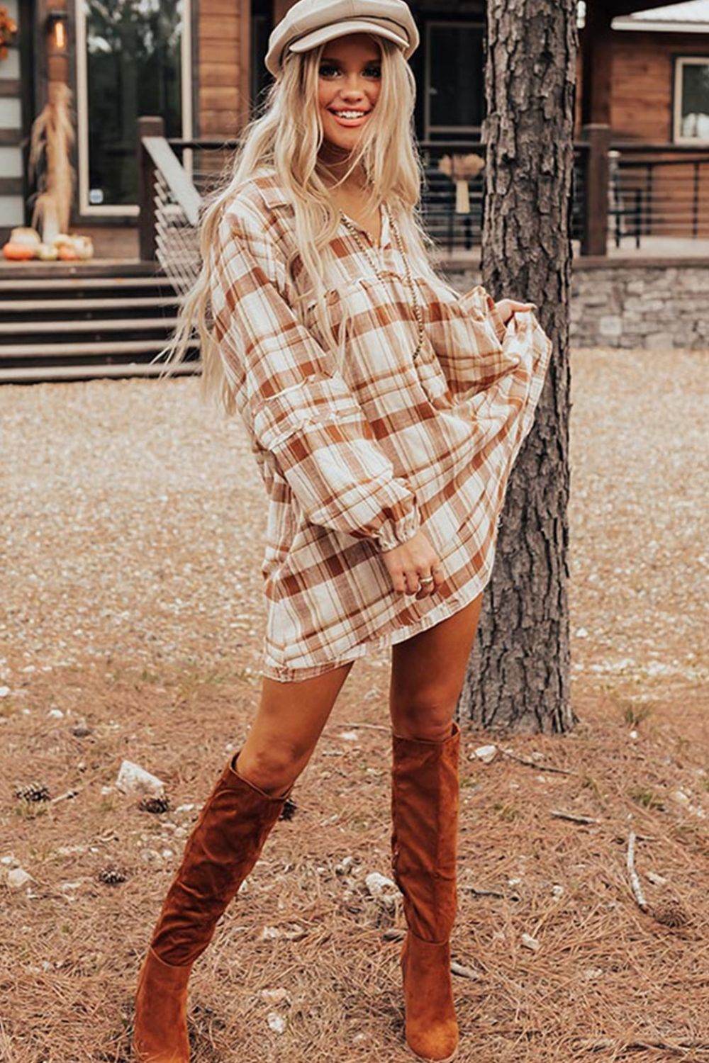 Plaid Collared Neck Long Sleeve Mini Shirt Dress - Delanoir