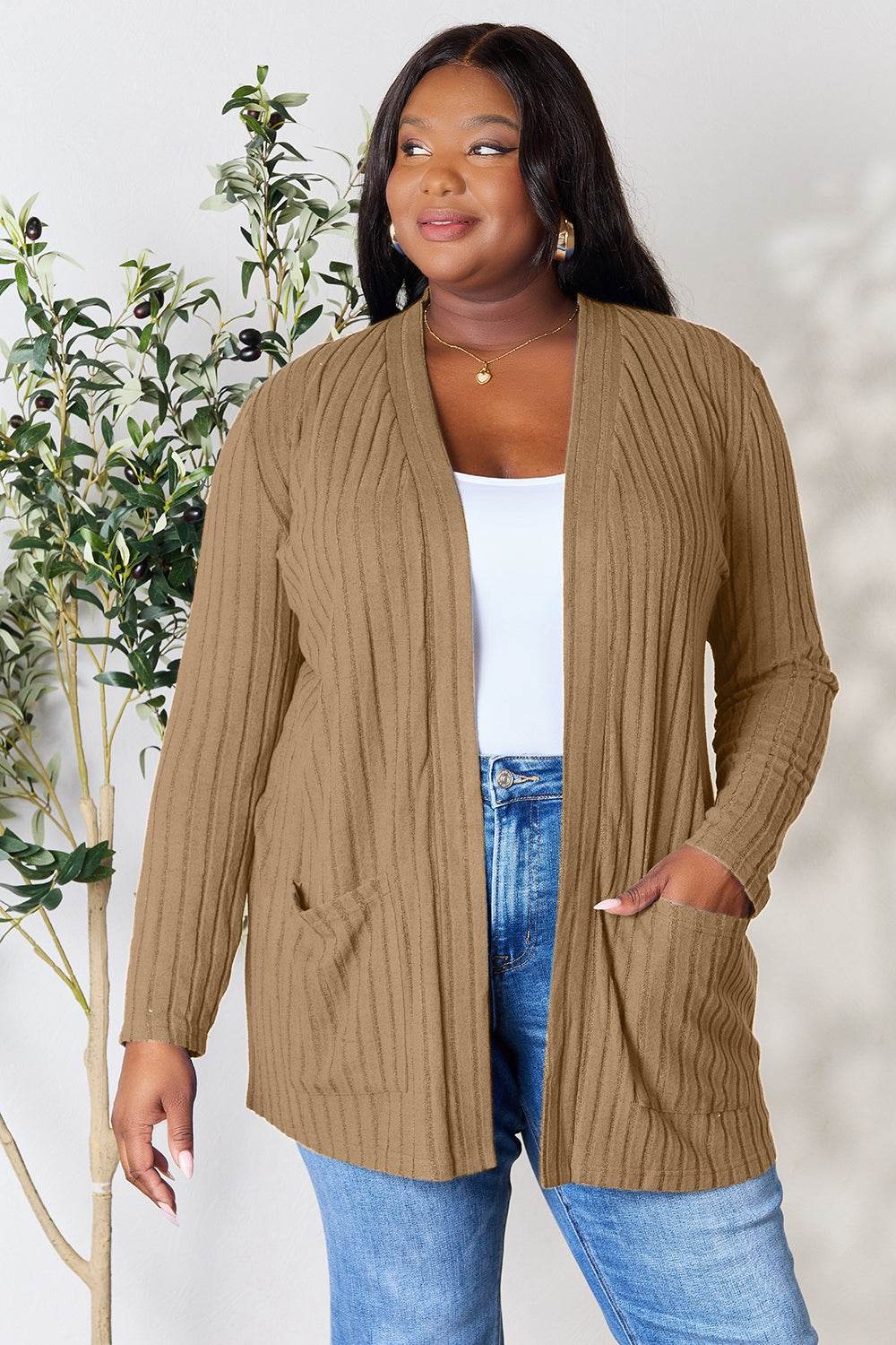 Basic Bae Full Size Ribbed Open Front Cardigan with Pockets - Delanoir