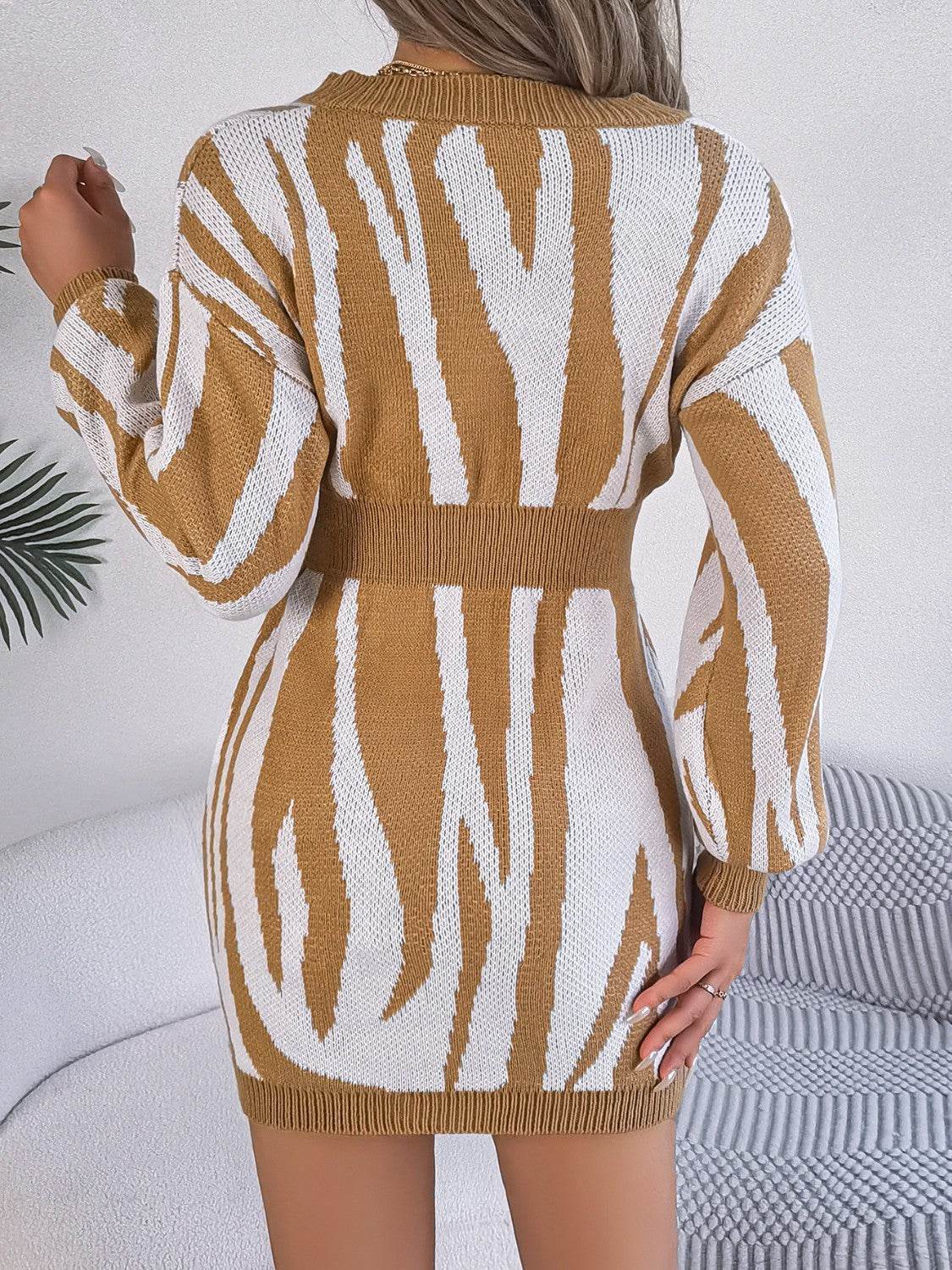 Animal Print V-Neck Long Sleeve Sweater Dress - Delanoir