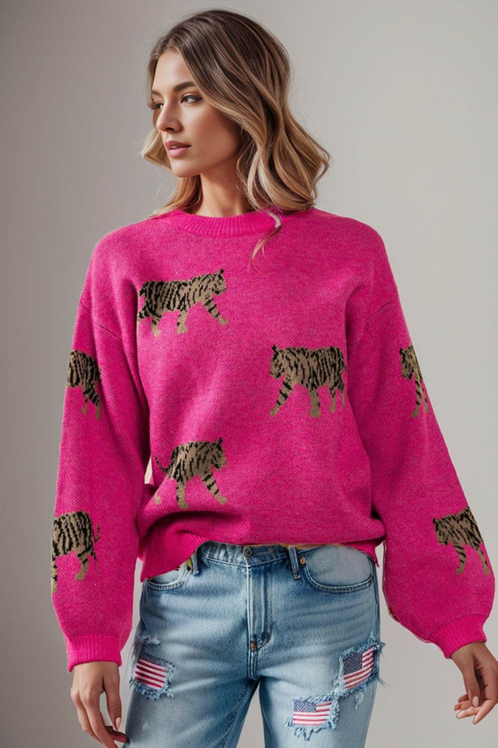 Tiger Pattern Round Neck Drop Shoulder Sweater - Delanoir
