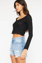 Kancan High Waist Frayed Denim Shorts - Delanoir