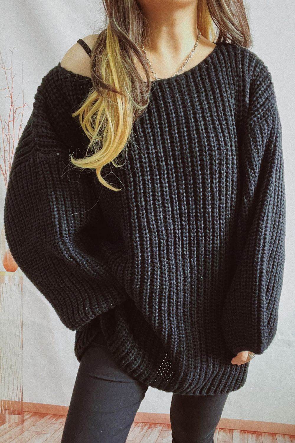 Boat Neck Dropped Shoulder Mini Sweater Dress - Delanoir