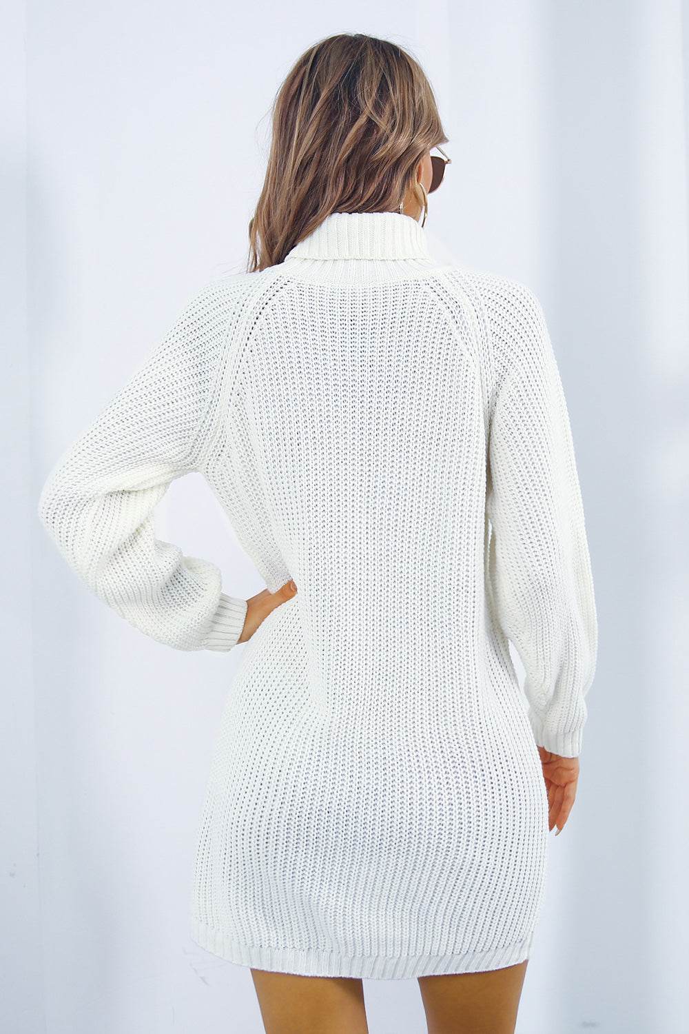 Buttoned Turtleneck Long Sleeve Sweater Dress - Delanoir