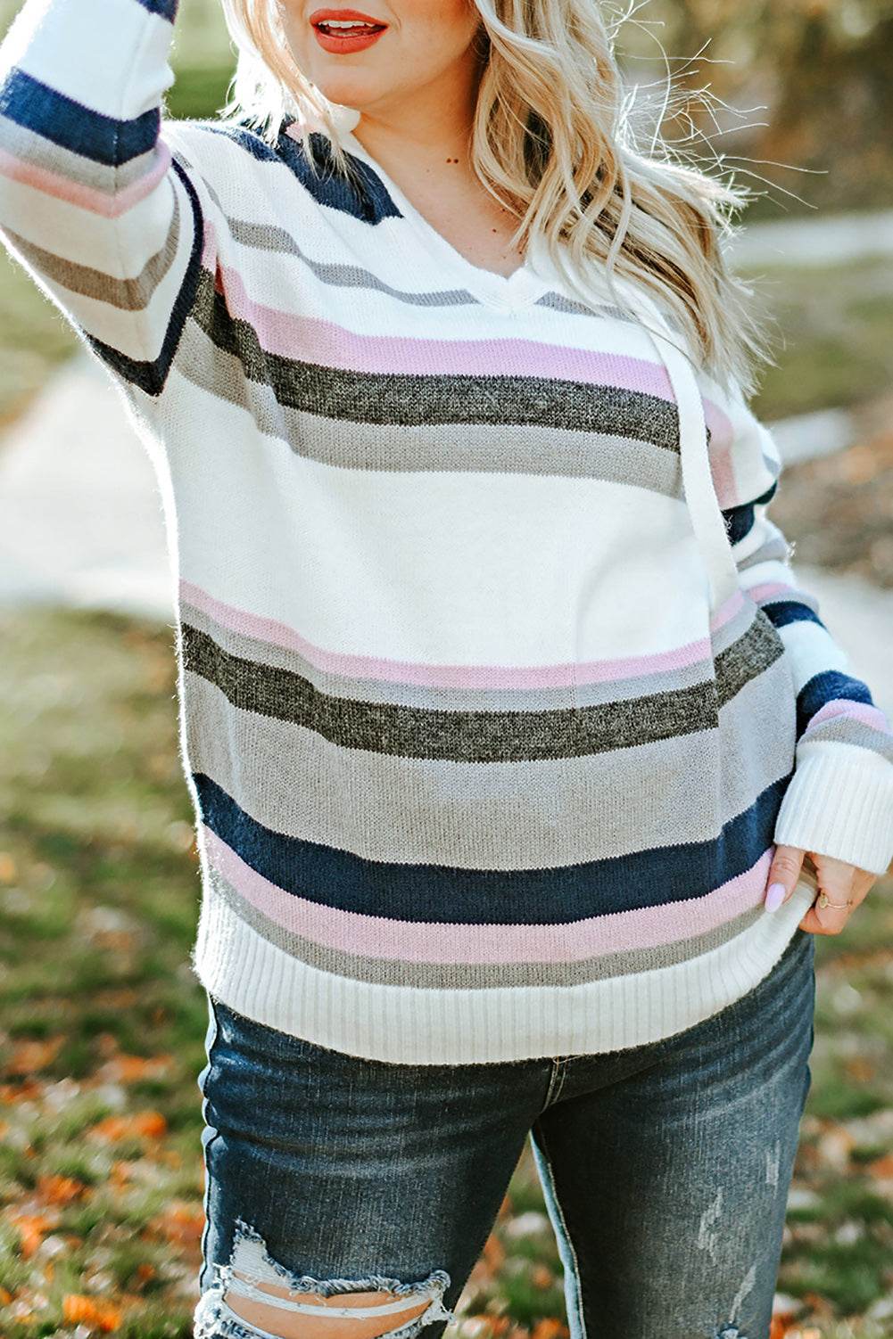 Plus Size Striped Long Sleeve Hooded Sweater - Delanoir