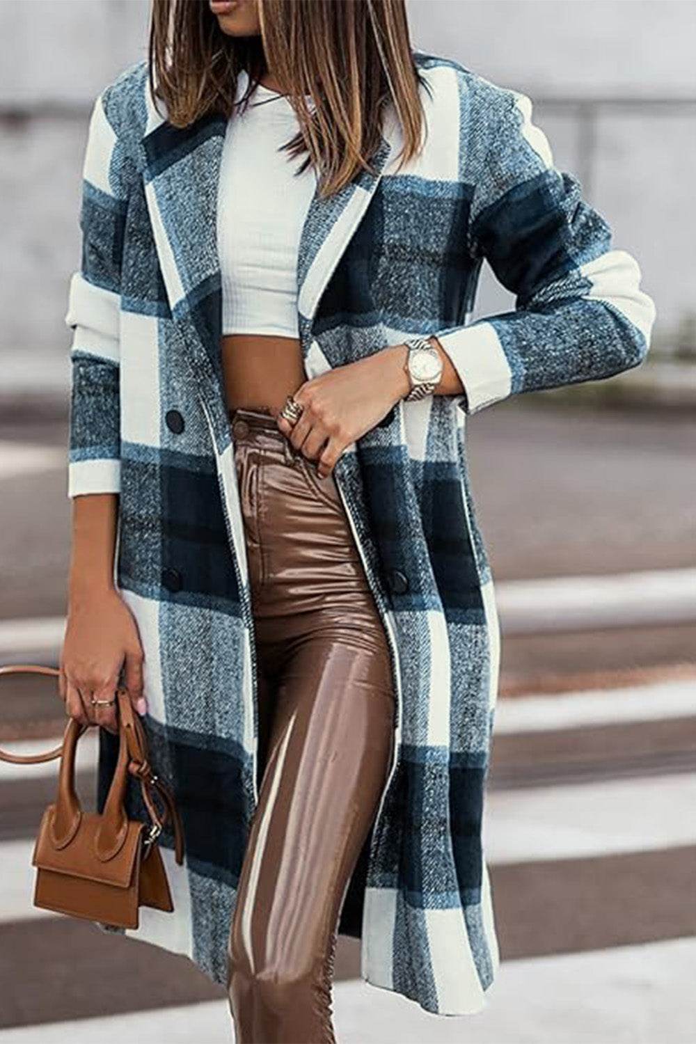 Double Take Full Size Plaid Button Up Lapel Collar Coat - Delanoir