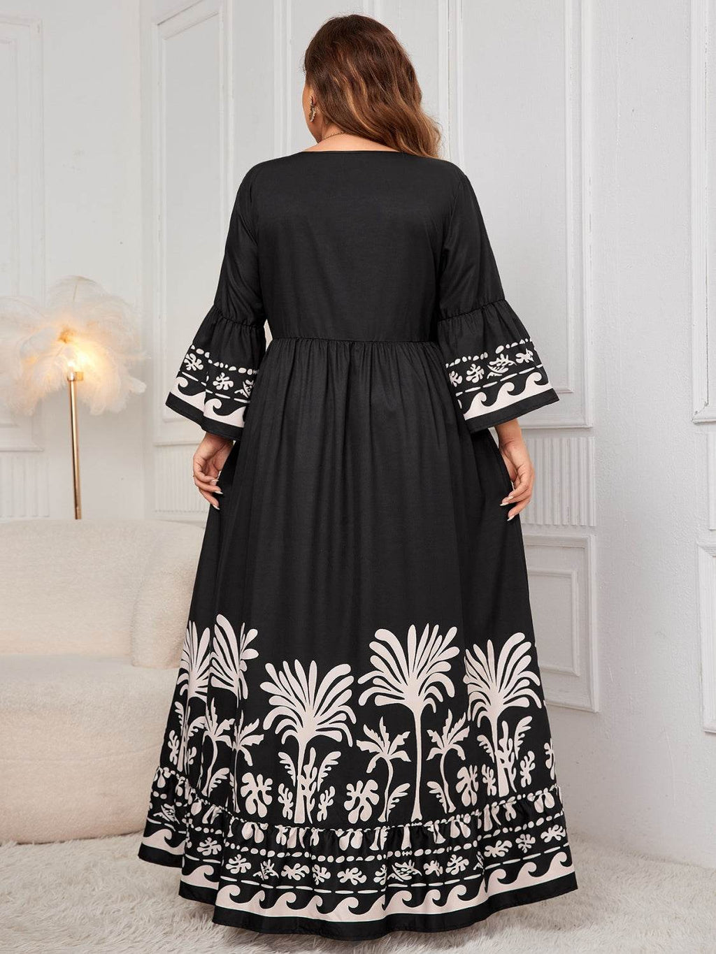 Honey Plus Size Printed V-Neck Long Sleeve Maxi Dress - Delanoir