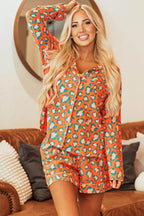 Leopard Collared Neck Long Sleeve Top and Shorts Lounge Set - Delanoir