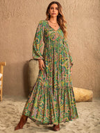 Printed Tie Neck Long Sleeve Dress - Delanoir
