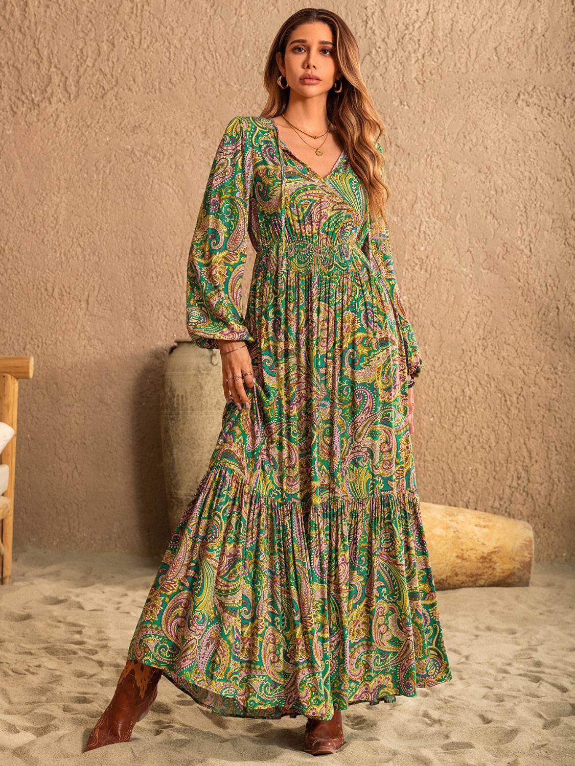 Printed Tie Neck Long Sleeve Dress - Delanoir