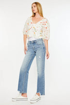 Kancan Mid Rise Frayed Hem Straight Jeans - Delanoir