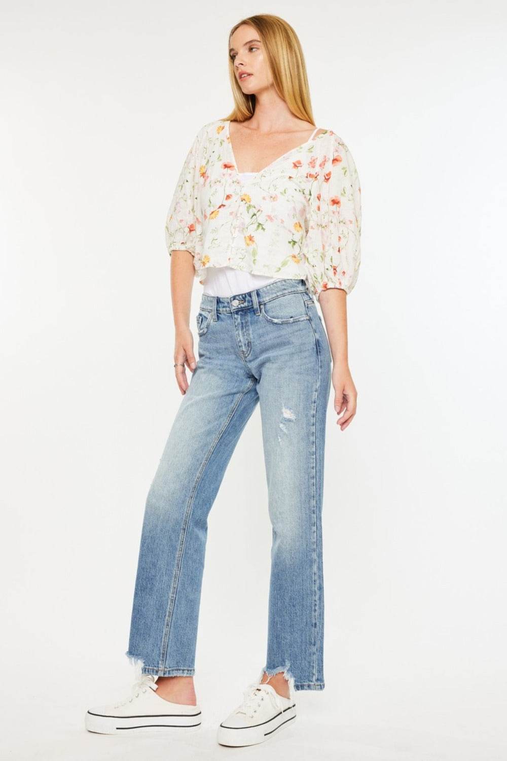 Kancan Mid Rise Frayed Hem Straight Jeans - Delanoir