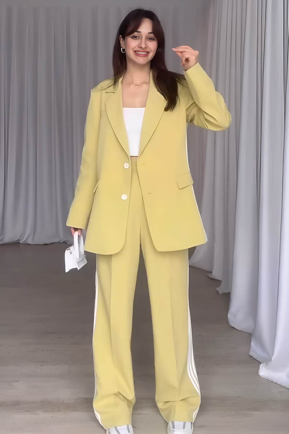 Side Striped Long Sleeve Blazer and Pants Set - Delanoir