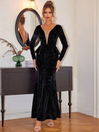 Ruffled Plunge Long Sleeve Dress - Delanoir