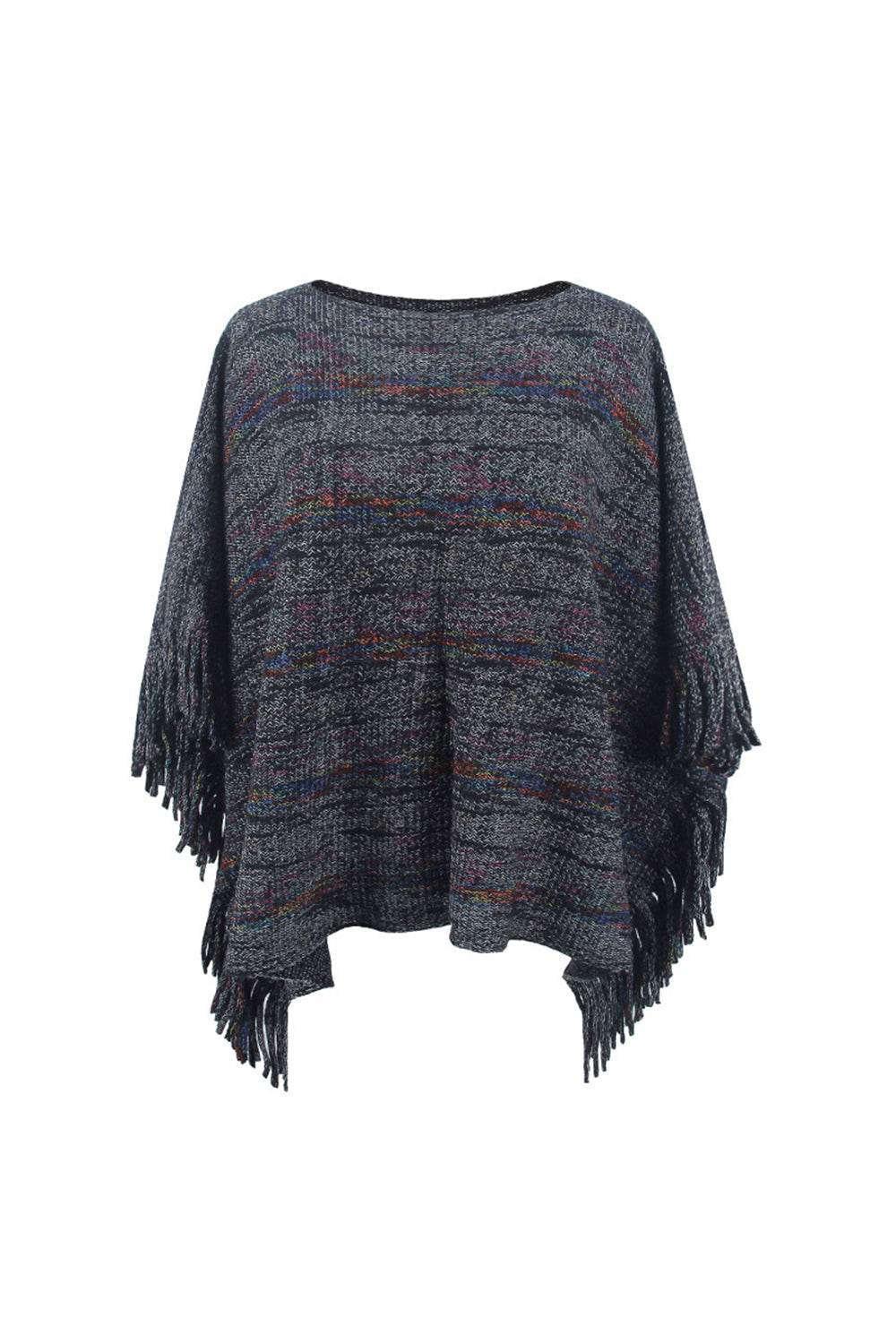 Round Neck Fringe Detail Sleeve Poncho - Delanoir