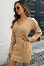 Cable-Knit V-Neck Long Sleeve Mini Sweater Dress - Delanoir