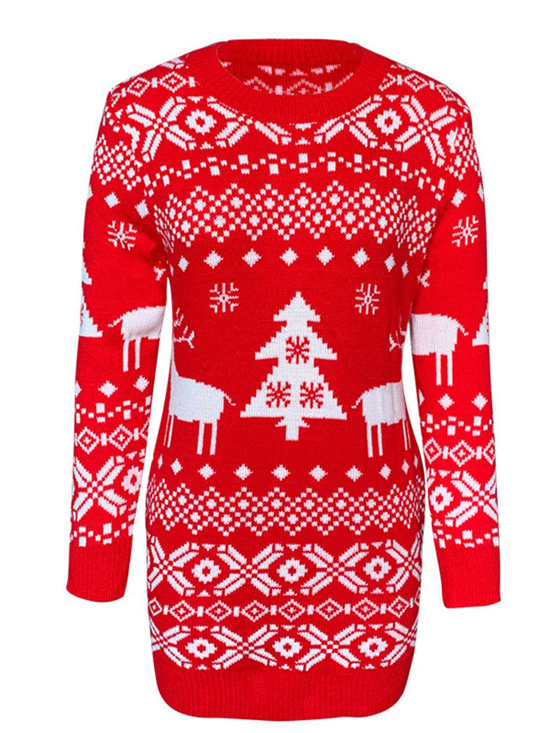 Christmas Element Round Neck Mini Sweater Dress - Delanoir