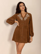 Notched Button Down Long Sleeve Mini Dress - Delanoir