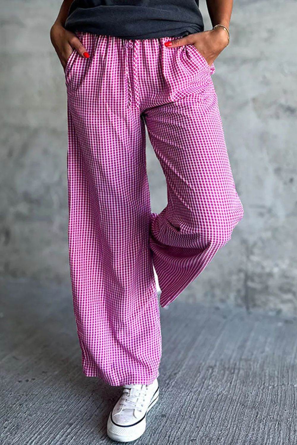 Plaid Wide Leg Pants with Pockets - Delanoir