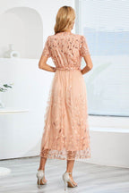 Sequin Leaf Embroidery Tie Front Short Sleeve Dress - Delanoir