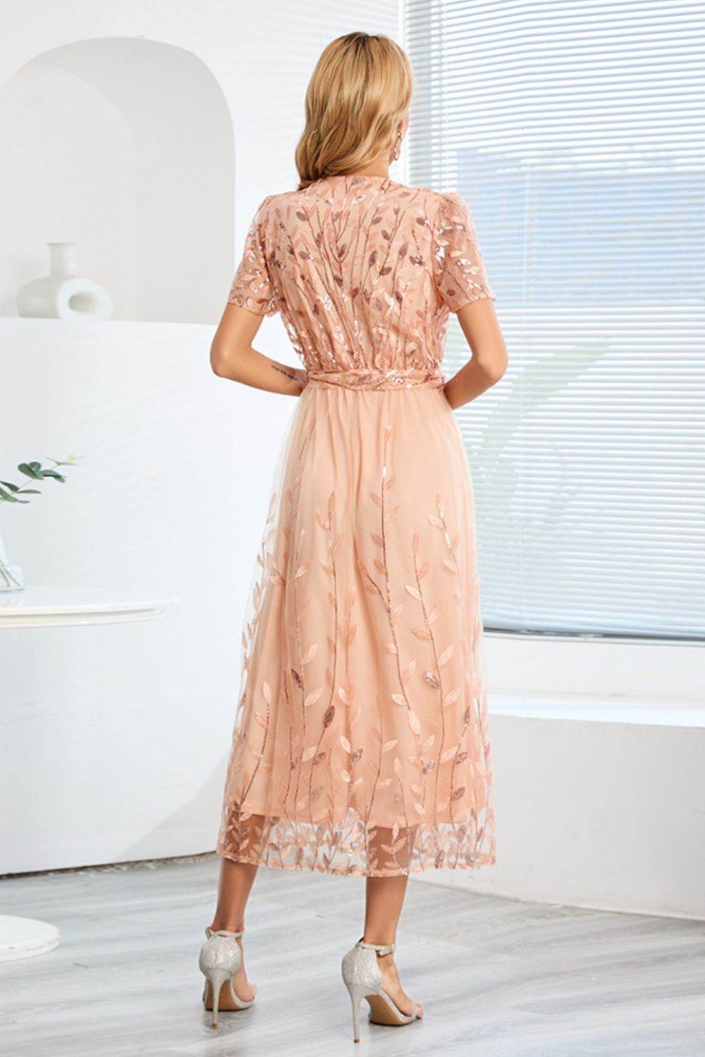 Sequin Leaf Embroidery Tie Front Short Sleeve Dress - Delanoir