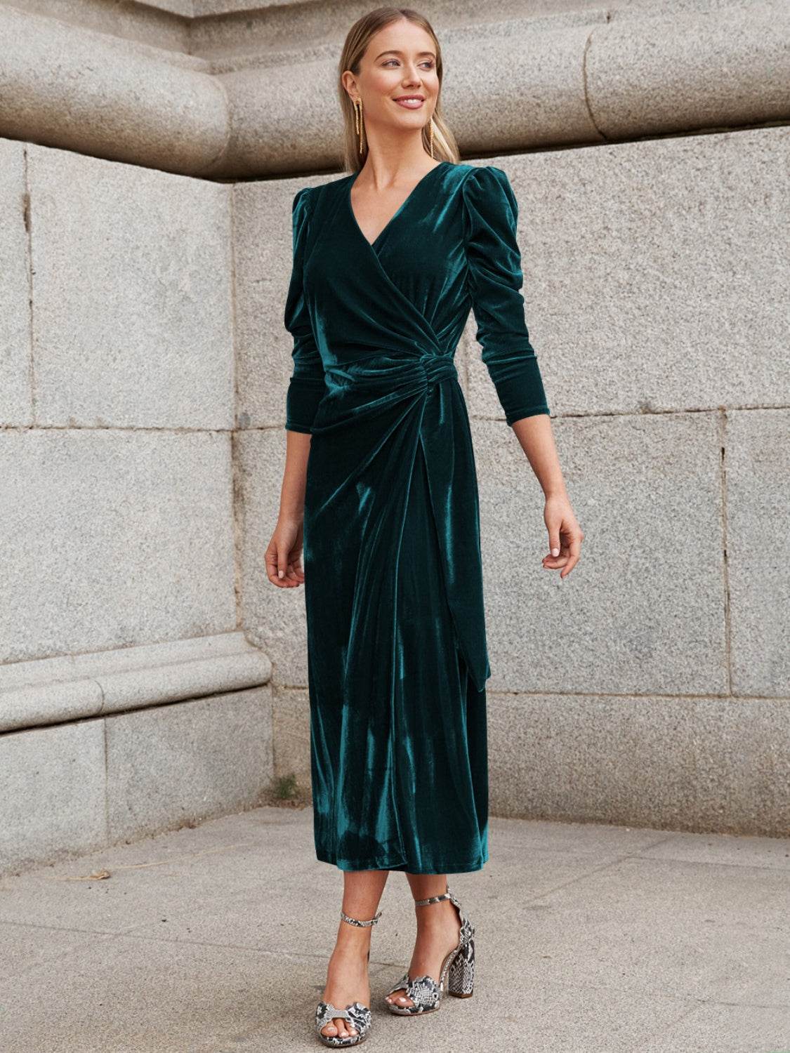 Surplice Puff Sleeve Midi Dress - Delanoir