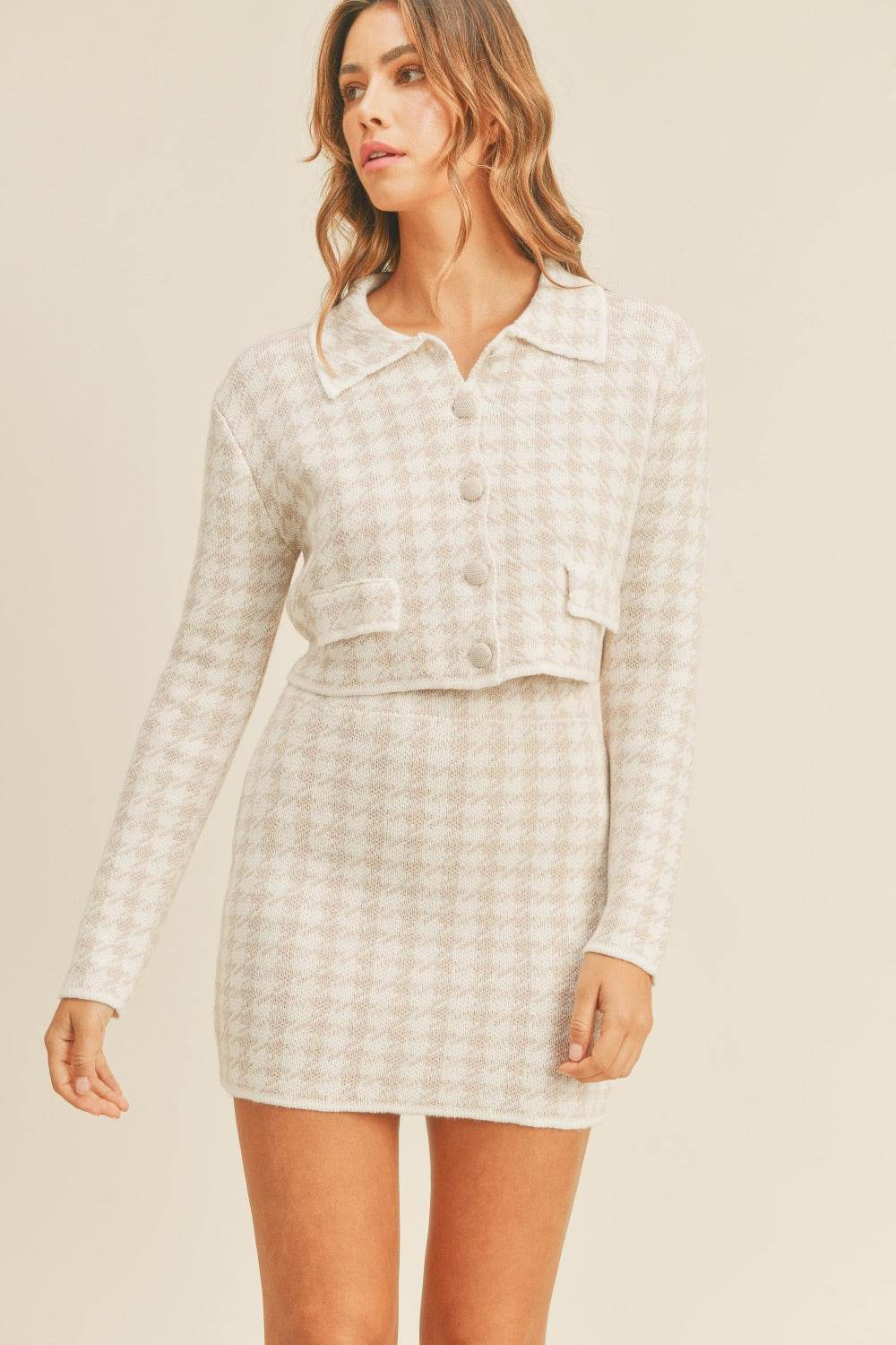 MABLE Houndstooth Cropped Knit Cardigan and Mini Skirt Set - Delanoir