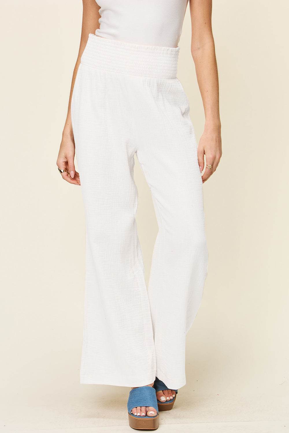 Double Take Full Size Texture Smocked Waist Wide Leg Pants - Delanoir