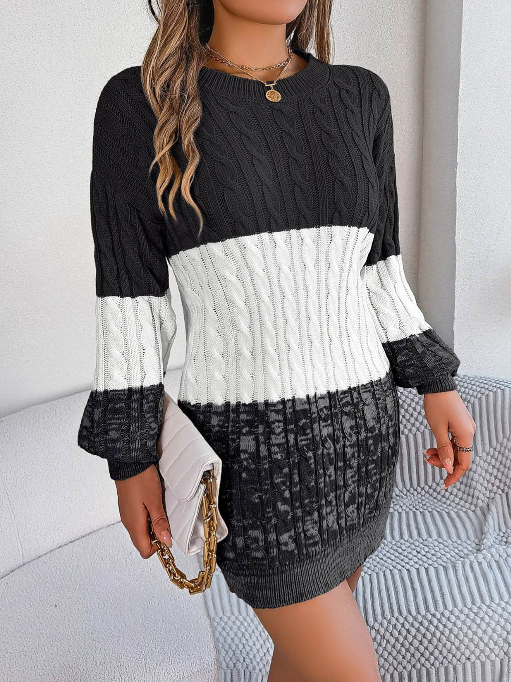 Cable-Knit Round Neck Color Block Sweater Dress - Delanoir